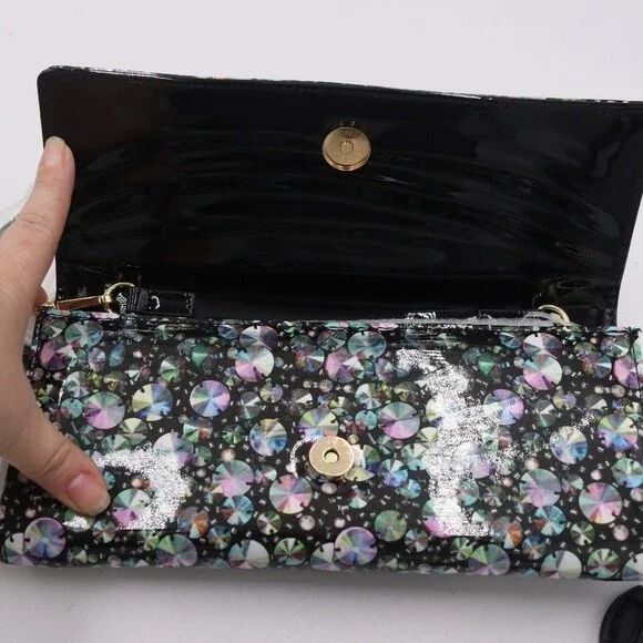 Betsey Johnson Rhinestone Print Mini Crossbody Envelope Bag Gold Chain Strap - Picture 7 of 8